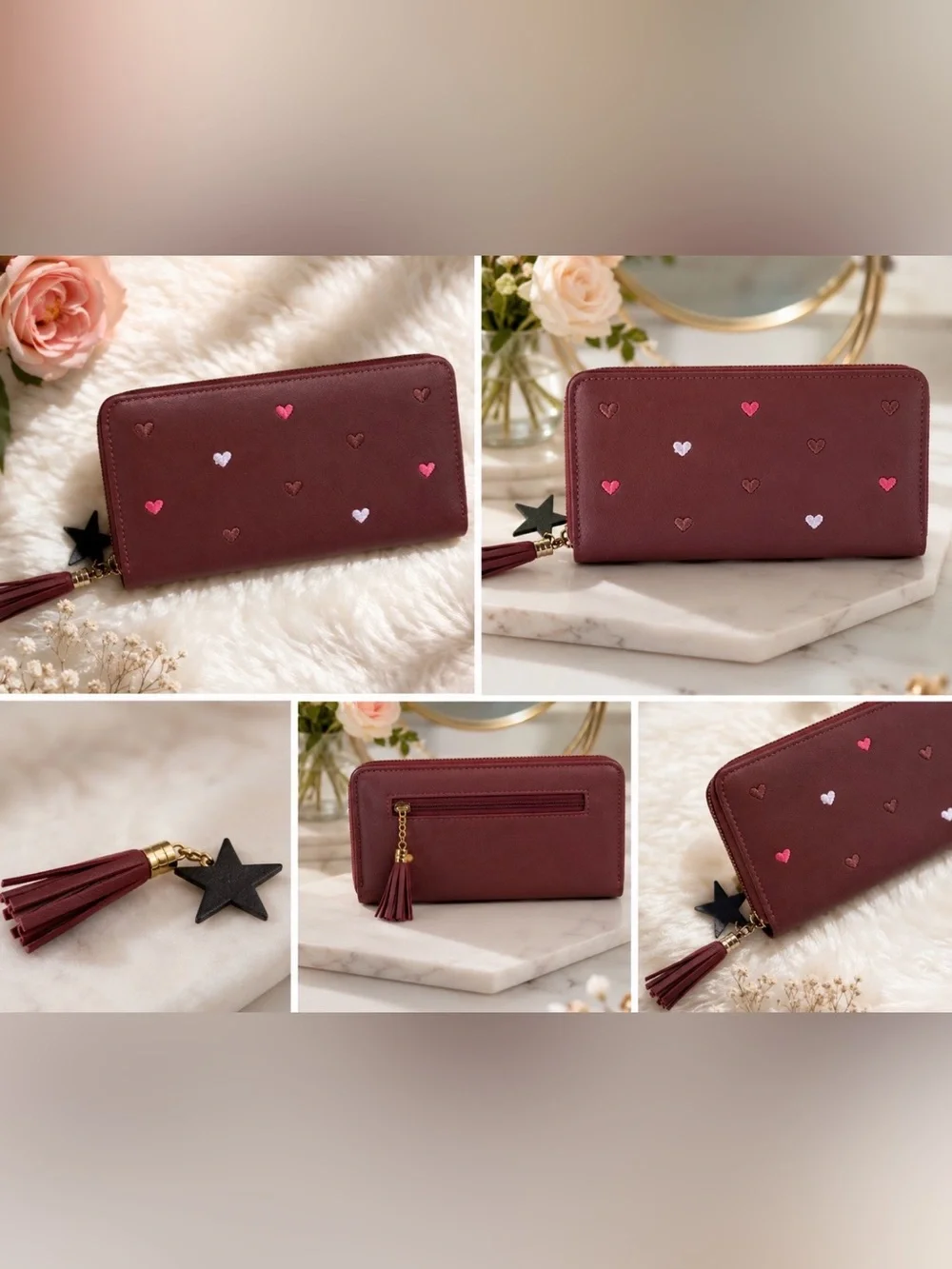 Women's Burgundy Heart Zip Wallet - Compact Card Holder-Brand new, no tag